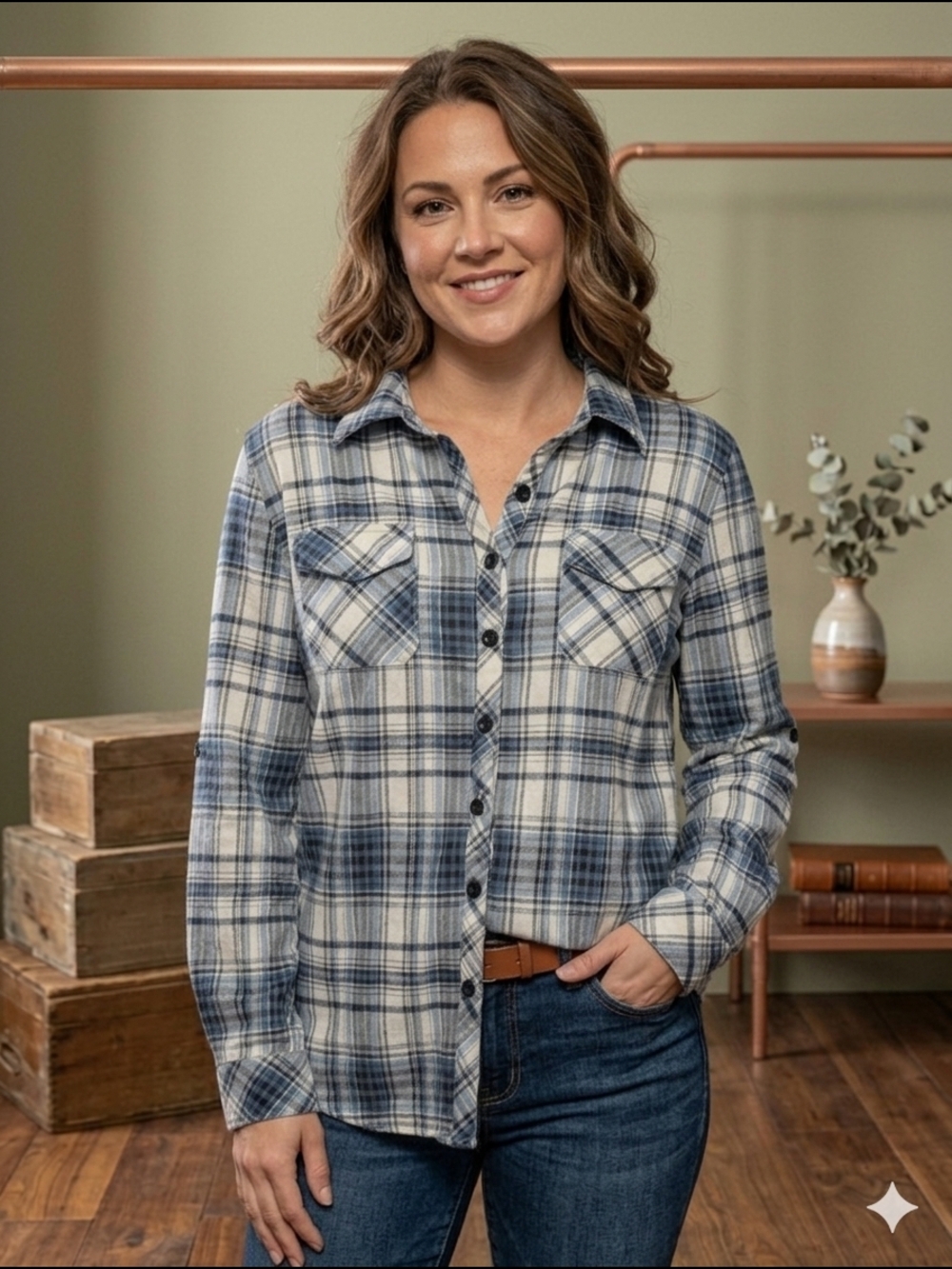 DJT Blue & White Plaid Button Down Flannel Shirt - Size XL (EUC)